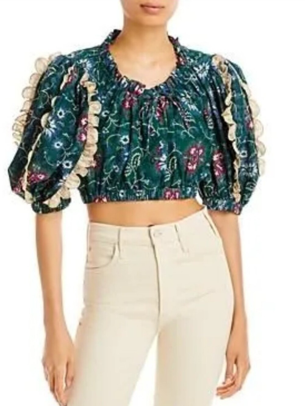 Sea New York Green Floral Robina Puff-Sleeve Crop Top